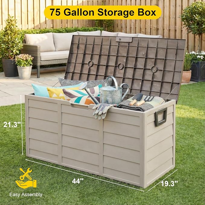 75 Gallon Resin Deck Box, Waterproof Anti-UV Lockable Outdoor Storage Bin for Patio Furniture Garden Tools, Heavy Duty Indoor Package Delivery Deck Boxes for Pillows Pool Cushions, Beige