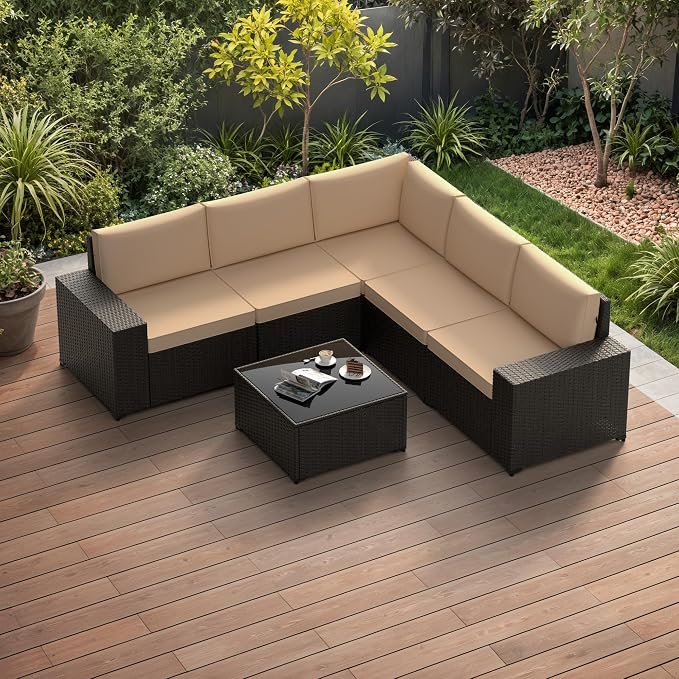 Patio Furniture Set, 6PCS Patio Sectional with Ottoman Wicker Rattan Outdoor Furniture with Thickened Cushion Modular Wicker Patio Conversation Set with Glass Top Table for Balcony, Backyard(Khaki)