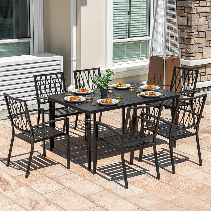 NUU GARDEN 7-Piece Outdoor Metal Dining Set, Weather-Resistant Patio Furniture, 61” x 37” Rectangle Dining Table with Umbrella Hole and 6 Stackable Chairs for Backyard, Balcony, Garden, Lawn, Black