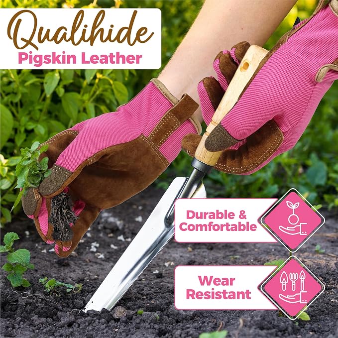 HANDLANDY Gardening Gloves for Women, Leather Garden Glove, Gardener Gift | Breathable Floral Ladies Leather Garden Yard Gloves, for Trimming, Weeding, Digging, Planting, Pruning
