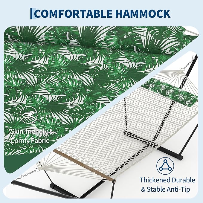 2 Person Portable Double Hammock for Outdoor with Pillow, Heavy Duty Portable Hammock with Adjustable Steel Stand for Patio, Garden, Beach, Backyard
