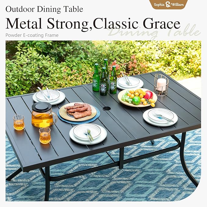Sophia & William Patio Table and Chairs Set, Outdoor Dining Set for 6, 7 Piece Metal Patio Furniture, 60" Black Rectangular Table(Diamond)