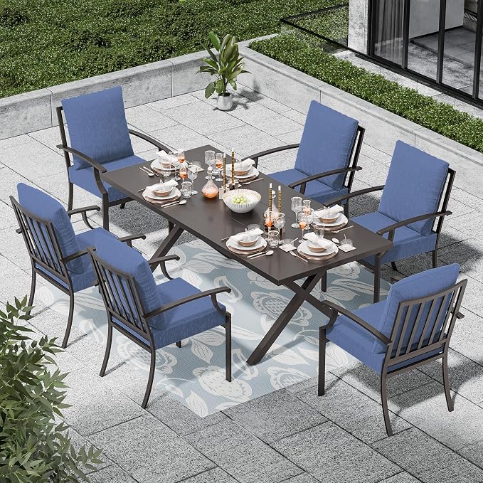 7 Piece Outdoor Dining Set for 6, Metal Patio Table and Chairs with Cushions, Patio Furniture Set with 6 Stackable Chairs, Rectangular Patio Dining Table with Umbrella Hole, Lawn Deck, Yard-Navy