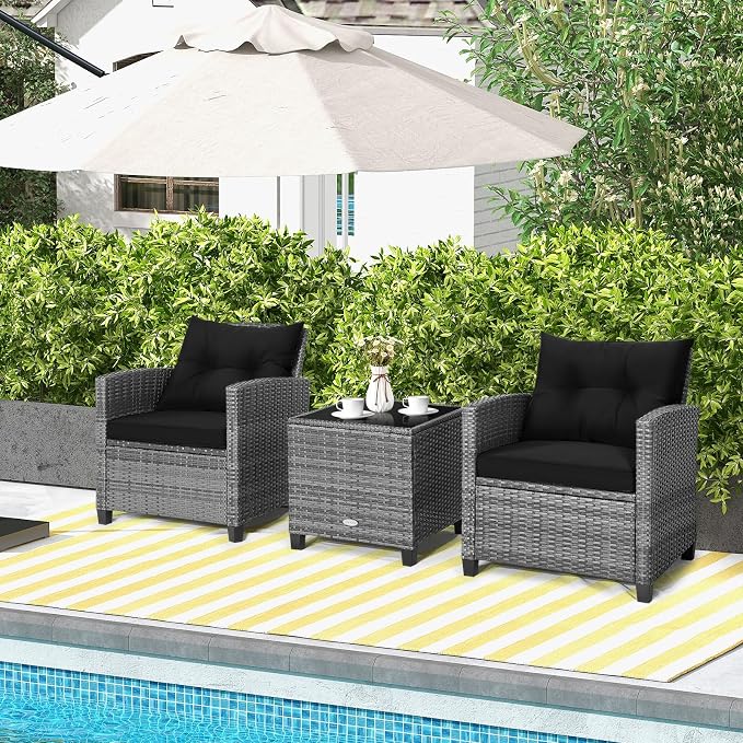 Patio Furniture Set, 3 Pcs Outdoor Wicker Conversation Set with Glass Coffee Table, Patio Chairs w/Washable Cushions, PE Rattan Outdoor Furniture Set for Porch Garden Backyard (Black)
