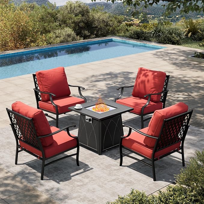 HERA'S HOUSE 5 Pieces Patio Furniture Set with Fire Pit Table, 4 x Thick Cushioned Chairs, 1 x Fire Pit Table (50,000 BTU), All Weather Outdoor Conversation Set for Garden Backyard Lawn, Red