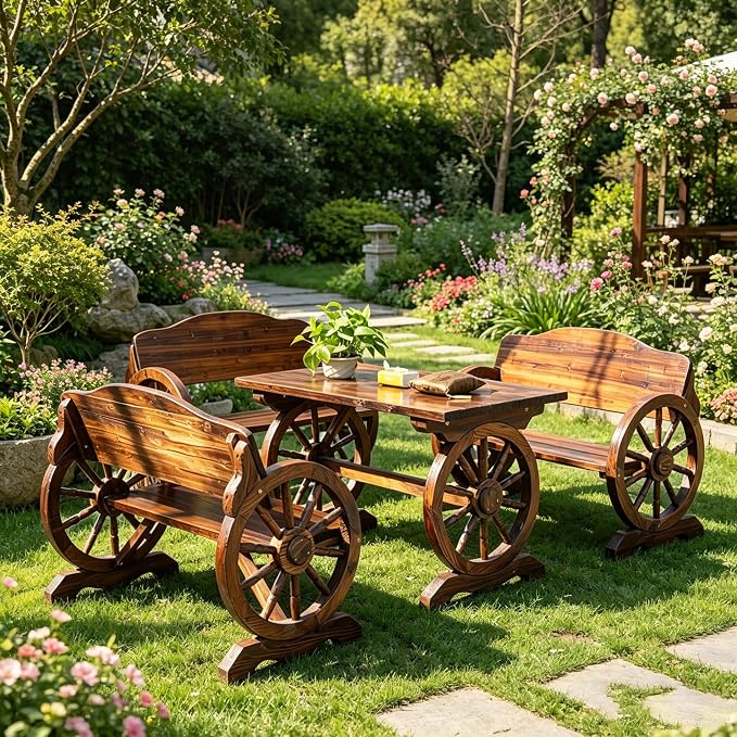 3 Pieces Patio Dining Set, Outdoor Wooden Rectangular Table and Benches,Rustic Wheel Bench Outside Furniture Set for Patio Porch,Deck, Lawn, Garden and Backyard(55in)