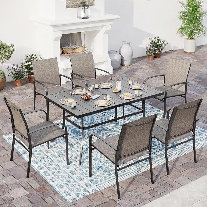 SUNSHINE VALLEY 7 PCS Patio Dining Set for 6, Rectangular Metal Table with Umbrella Hole, 6 x Brown Dining Chairs, Outdoor Table and Chairs Set for Lawn Backyard and Deck