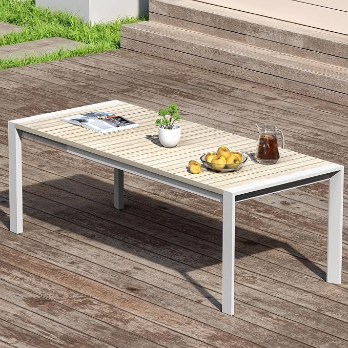 Outdoor Dining Table, Extendable Patio Dining Table for 6-10 People, Aluminum Frame with Wood-Grain Surface Drainage Design, All-Weather Expandable Dining Furniture Set for Garden Lawn Patio