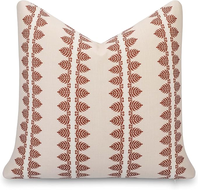 Crumbs Home Modern Farmhouse California Casual Indoor Outdoor Throw Pillow Cover, 20"x20" Water Repellent for Patio, Backyard, Couch, Poolside, Earth Tone Rust Orange Neutral Print Leaves Stripes