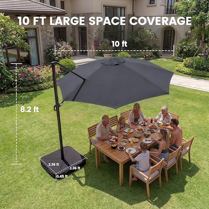 OLILAWN 10ft Patio Umbrella with Base Included, Large Cantilever Outdoor Umbrella with 360°Rotation & Infinite Tilt, Heavy-Duty Frame for Deck, Pool, Backyard, Garden, Charcoal