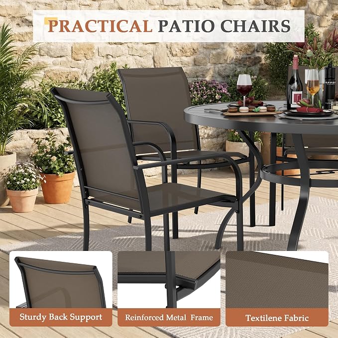 Incbruce 7 PCS Patio Dining Set, Outdoor Dining Set of 6 Textilene Chairs and 53" Round Table with Umbrella Hole for Backyard, Garden, and Poolside (Brown)