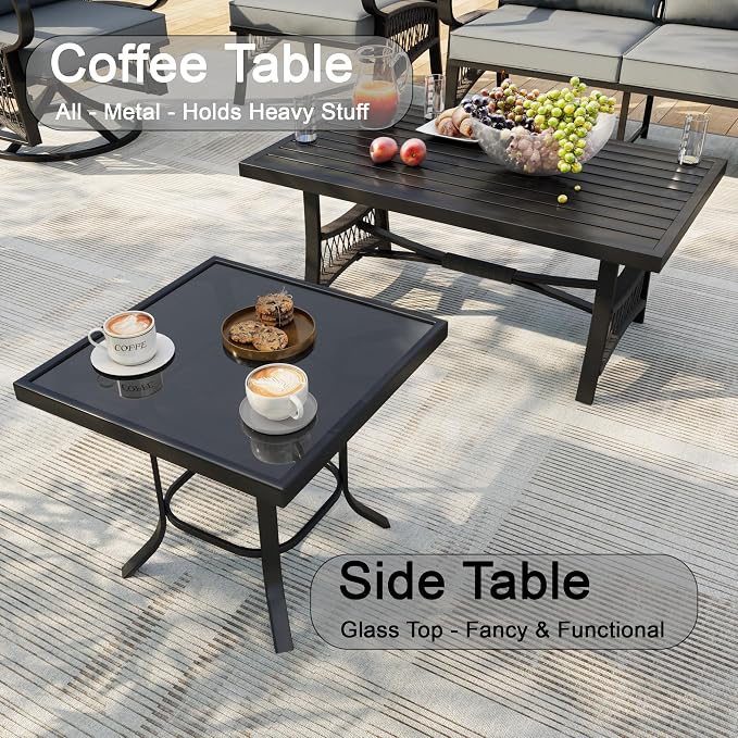 12 Pieces Patio Furniture Set, Metal Outdoor Conversation Sets with Fire Pit Table and Swivel Chairs for Backyard Garden Deck Porch Poolside (Thick Gray Cushions)