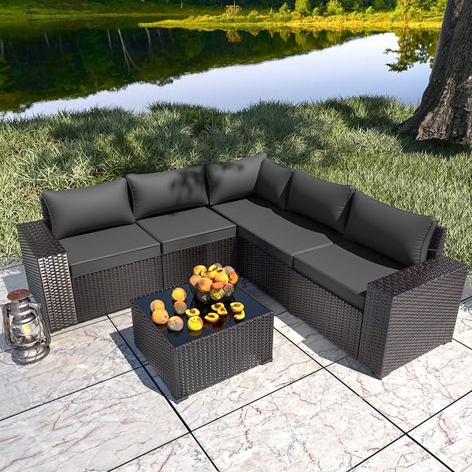 6 PCS Outdoor Patio Furniture Set,Outdoor Sectional Furniture All Weather PE Rattan Wicker Patio Conversation Set with Coffee Table and 5 Thickened Cushions,Grey