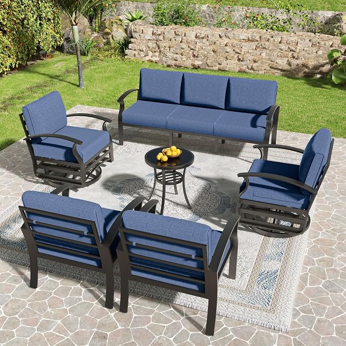 Kullavik Aluminum Patio Furniture Set,6 Piece Modern Metal Outdoor Patio Furniture w/5.1'' Thick Cushion and Swivel Chairs,Patio Conversation Sets for Porch,Deck,NavyBlue