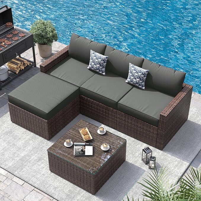 UDPATIO 5 Piece Patio Furniture Set, All-Weather Wicker Outdoor Sectional Sofa,Rattan L Shaped Outdoor Conversation Patio Sectional with Ottoman, Glass Table for Balcony Porch Backyard,Grey