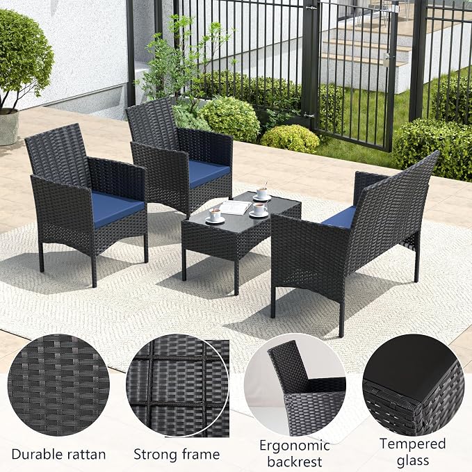 4 Pieces Outdoor Patio Furniture Sets,Wicker Conversation Set with Coffee Table,Loveseat and Wicker Patio Chairs with Soft Cushion for Porch, Garden, Lawn(Navy Blue)