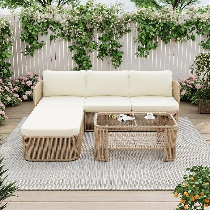 5-Piece PE Rattan Outdoor Furniture Set with Beige Cushions - Iron Frame - 66" Table & 4 Seats - 400 lbs Capacity - Patio