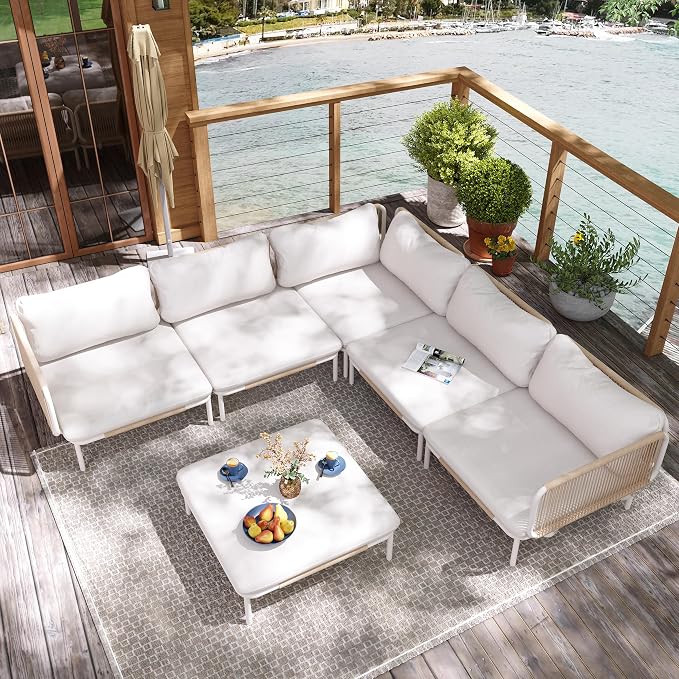 6 Piece Modern Outdoor Sectional Sofa, 31" Oversized Patio Furniture Set with Olefin Woven Rope, Weather-Resistant Metal Frame and Removable Cushion, Beige