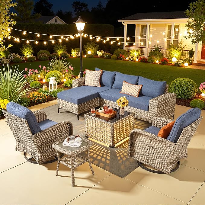 8 Pcs Patio Outdoor Furniture Set - All Weather Wicker Outdoor Sectional Sofa Couch with Swivel Rocking Chairs and Coffee Table,Patio Modular Rattan Conversation Set for Garden Deck Yard,Denim Blue
