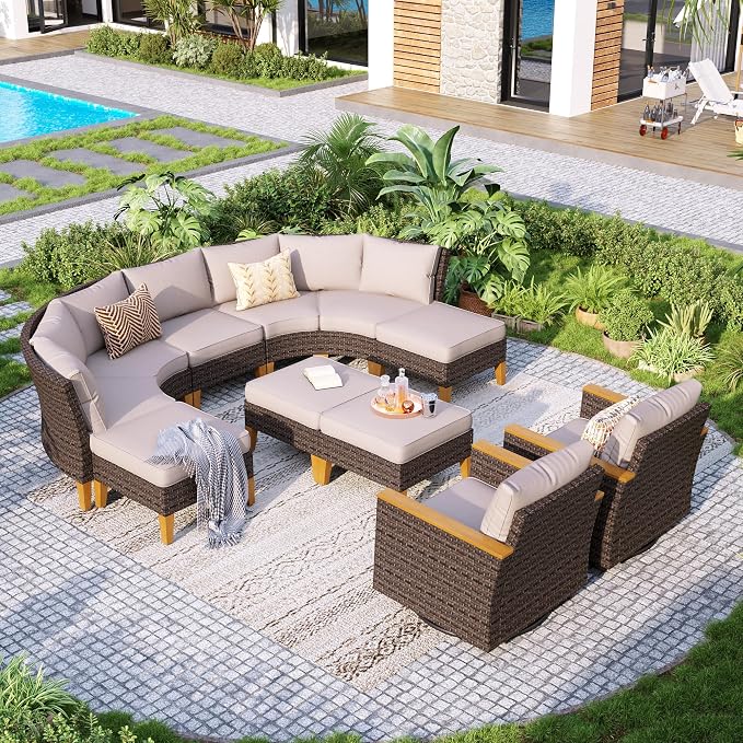 GREEN PARTY 10 Pieces Wicker Patio Furniture Set, All-Weather Outdoor Rattan Half-Moon Curved Patio Sectional Sofa Conversation Set 10 Seats for Garden, Backyard, 2 x Swivel Chairs