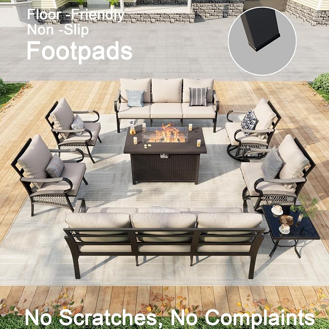 8 Pieces Patio Furniture Set, Metal Outdoor Conversation Sets with Fire Pit Table and Swivel Chairs for Backyard Garden Deck Porch Poolside (Thick Beige Cushions)