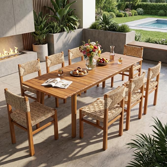Christopher Knight Home Tanya 9 Piece Acacia Wood Outdoor Dining Table Set for 8, Extendable Dining Table and 8 Chairs with Wicker Seat & Backrest, Outdoor Patio Furniture Set, Light Grey + Teak