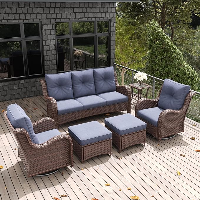 LayinSun 6 Pieces Outdoor Patio Furniture Set, Rattan Wicker Sectional Swivel Rocker Chairs Sets with Ottomans, Swivel Glider Chairs, and Coffee Table