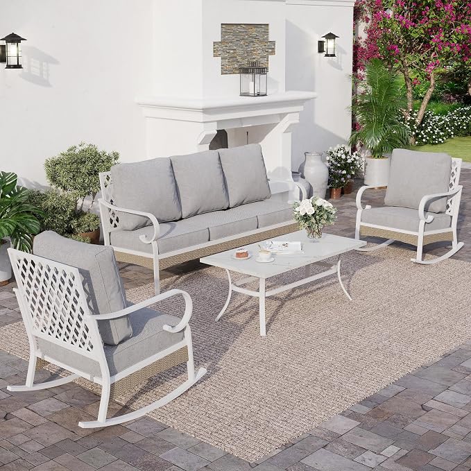 SUNSHINE VALLEY 4 PCS Metal Outdoor Patio Furniture Set, Patio Conversation Set 1 3-Seater Sofa, 2 Rocking Chairs with 5.75" Extra Thick Cushion and Coffee Table, White Frame Backyard Furniture, Gray