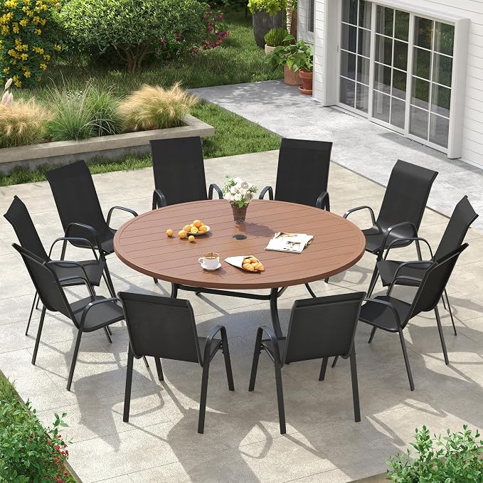 VICLLAX Round Patio Dining Set for 10, Metal Slatted Patio Table with Umbrella Hole and Stackable Patio Chairs for Deck Lawn Garden, Black Fabric and Walnut Tabletop