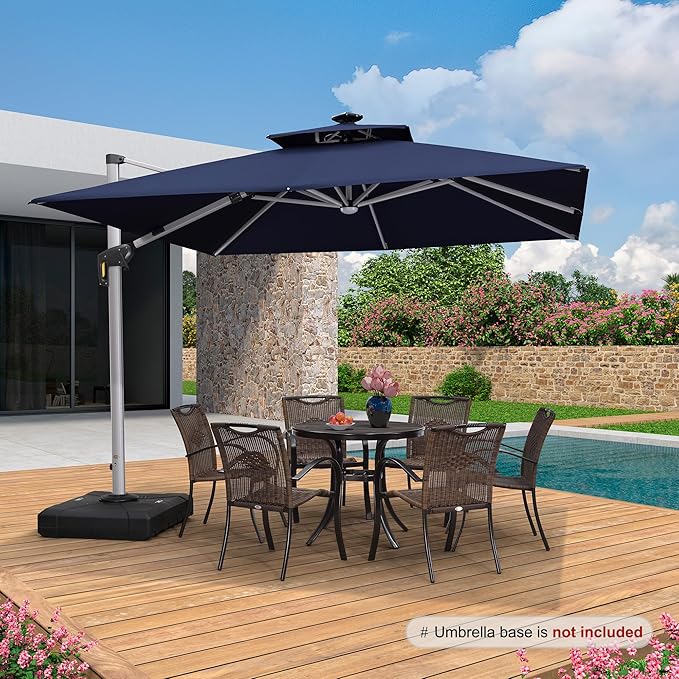 PURPLE LEAF 10 Feet Double Top Deluxe Solar Powered LED Square Patio Umbrella Offset Hanging Umbrella Outdoor Market Umbrella Garden Umbrella, Navy Blue