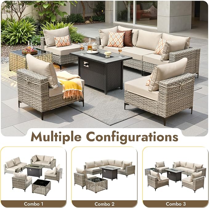 8 Pieces Patio Furniture Set with 42" Fire Pit, All-Weather Rattan Outdoor Sectional Conversation Sets L Shaped Sofas with Solar Light Coffee Table for Porch Balcony Backyard Beige