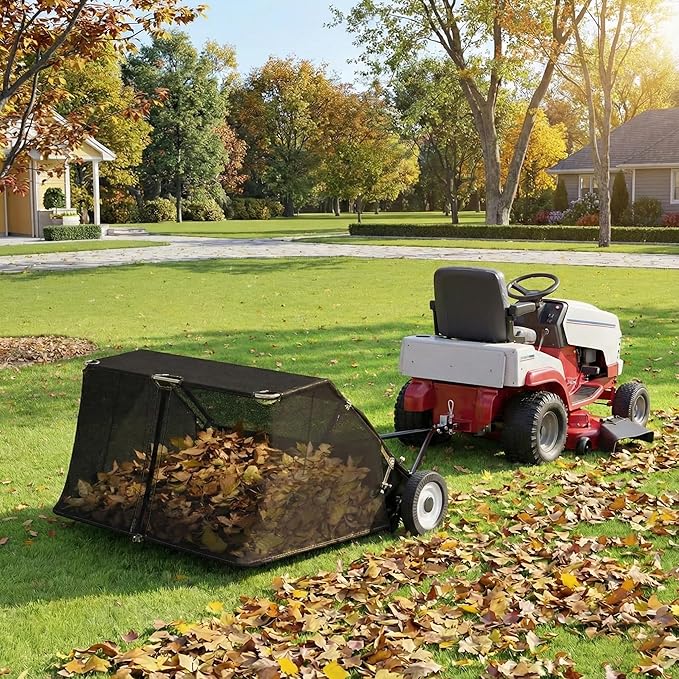 Tow Behind Lawn Sweeper, 42/50/52-Inch Pull Behind Leaf & Grass Collector, 12/26 cu. ft. Large Capacity Yard Sweeper with Adjustable Sweeping Height and Universal Hitch for Lawn Tractor (52"/26cuft)