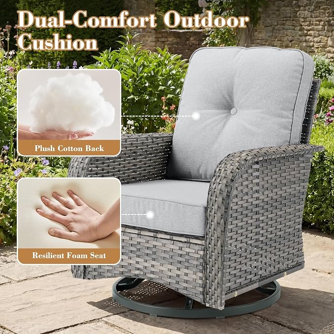 3 Pieces Patio Furniture Set, High Back Outdoor Swivel Rocker Chairs, Wicker Outdoor Furniture with Swivel Rocking Chairs and Side Table for Porch, Backyard, Balcony, Balcony,Grey