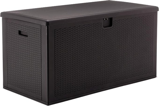 BTExpert 150 Gallon Large Resin Deck Box, Outdoor Storage Container for Patio Furniture Cushions Garden Tools Pool Toys Sports Equipment Waterproof Lockable Stainless Steel Metal insert rod