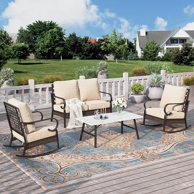 HERA'S HOUSE 4 Piece Metal Patio Furniture Set, 2 x Rocking Cushioned Chair, 2-Seat Lover Sofa with Coffee Table, All Weather Outdoor Conversation Set for Lawn Garden Backyard Deck, Beige