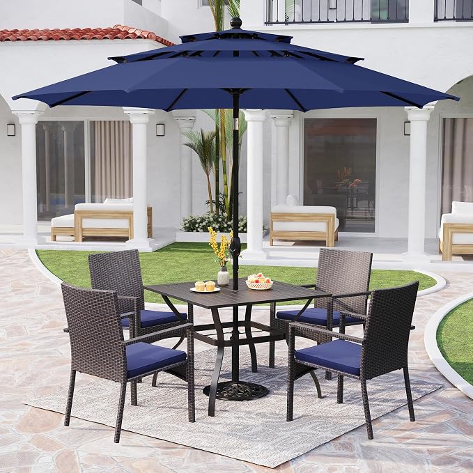 PHI VILLA 5pc Patio Dining Set with 10ft Blue Umbrella, 4 Rattan Chairs | Includes 37" square metal table, 4 cushioned rattan chairs, and 10ft blue umbrella. Perfect for patio, deck, yard, or porch