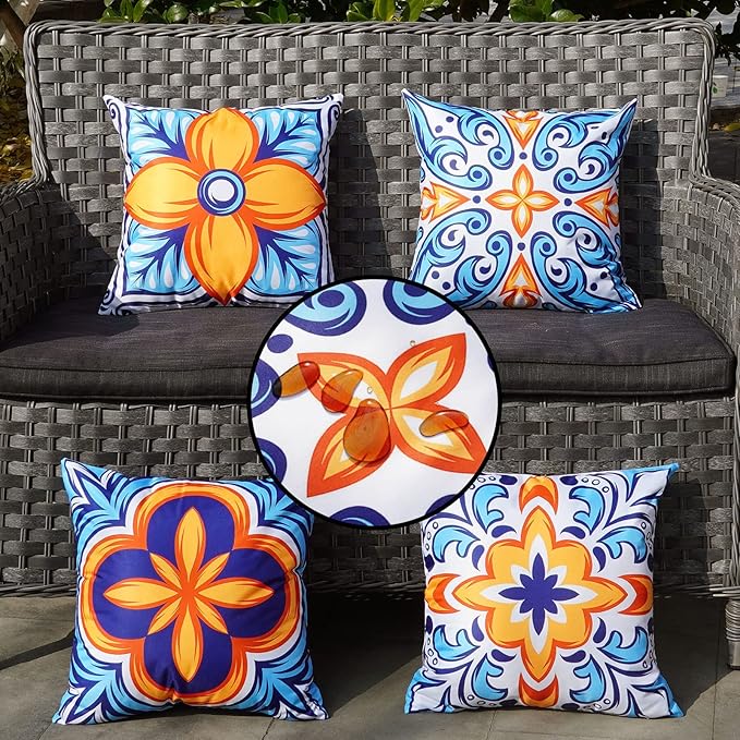 ONWAY Outdoor Pillow Covers Waterproof 16x16 Set of 4 Floral Boho Decorative Throw Cushion Cover Farmhouse Pillows for Bench Couch Patio Furniture