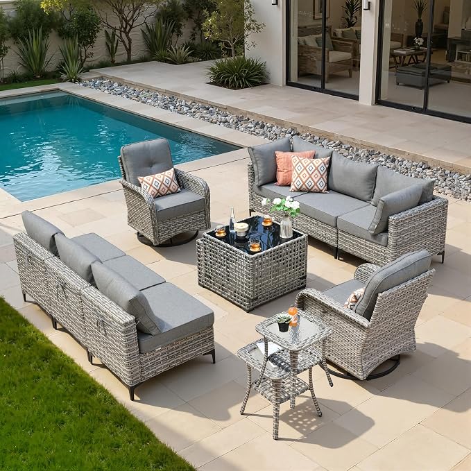10 Pieces Patio Sectional Furniture Set, Outdoor Wicker Sectional Couch with High Back Swivel Rocker Chairs Solar Lights Table, Modern Conversation Set for Porch Balcony Backyard, Dark Gray
