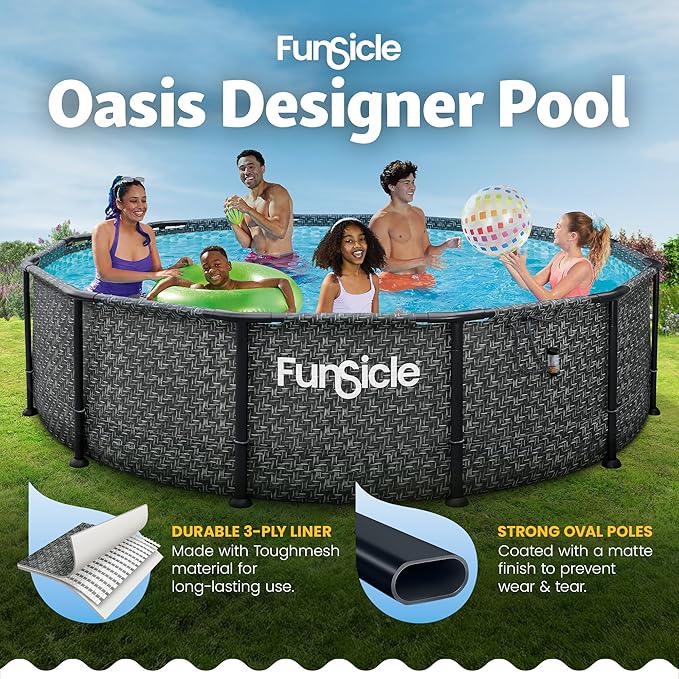 Funsicle Oasis Designer 12' x 36" Round Above Ground Swimming Pool, Includes FiltraBoost 800 GPH Filter Pump with AutoSkimmer, Type D Filter Cartridge & Repair Patch, Dark Herringbone