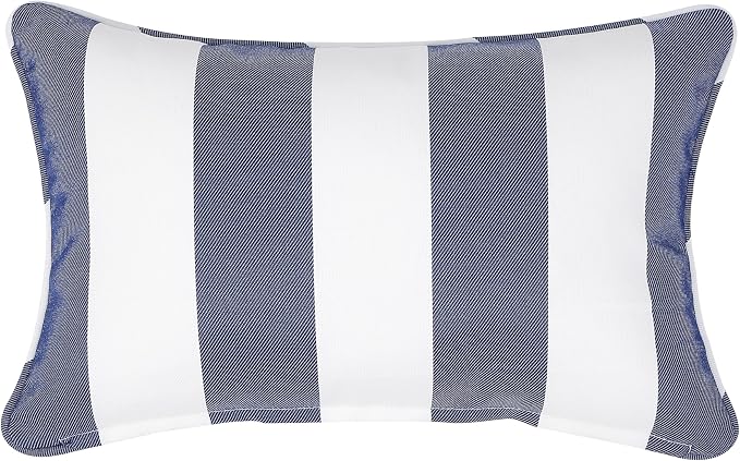 13 x 20 Inch Outdoor Lumbar Pillow with Insert Set of 2, Decorative Piping Edge Waterproof Fade Resistant Fluffy Throw Pillows for Patio Furniture Chair Bench Couch - Navy White Striped