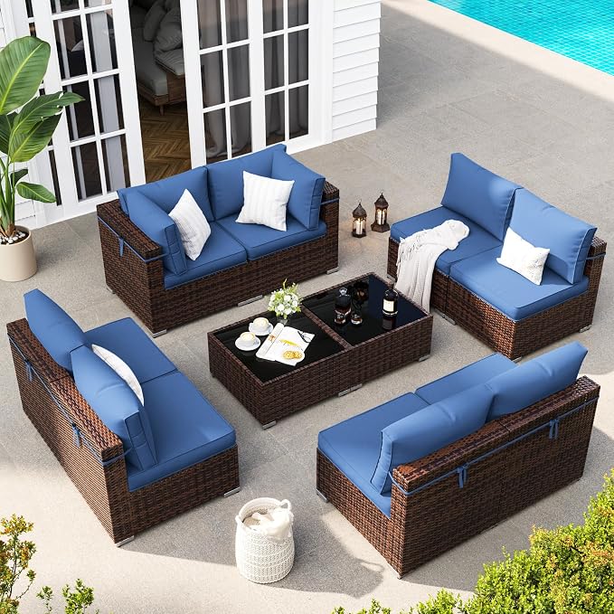 Patio Furniture Set, Modular 10-Piece Patio Conversation Sets with Coffee Table, All-Weather Wicker Outdoor Sectional for Backyard and Balcony, Navy (Waterproof Covers Included)