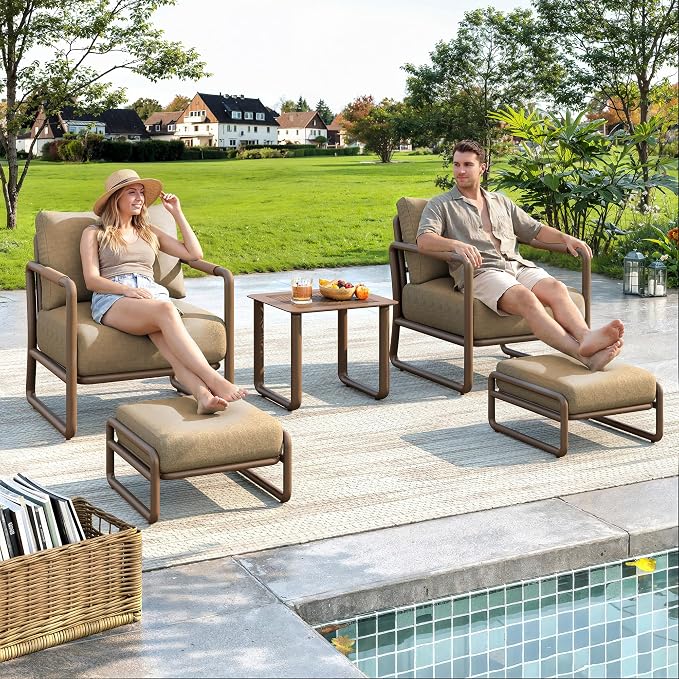 2-Seat Aluminum Patio Furniture Set with Ottomans, All-Weather Outdoor Conversation Sofa with 6.5" Thick Olefin Cushions, Rust-Proof Patio Set for Pool, Garden, Backyard, Brown