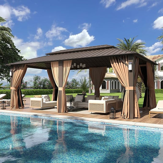 Aoxun 20'x12' Hardtop Gazebo with 4 LED Lights, Outdoor Gazebo with Galvanized Steel Double Roof, Patio Gazebo with Breathable Netting & Privacy Curtain, Decor Hooks for Backyard, Brown