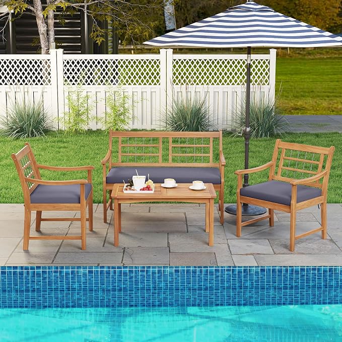 Tangkula 4 Piece Wood Patio Furniture Set, Outdoor Conversation Set w/Soft Seat Cushions, Solid Acacia Wood Frame, 2 Armchairs, Loveseat & Coffee Table Set for Backyard, Porch, Poolside