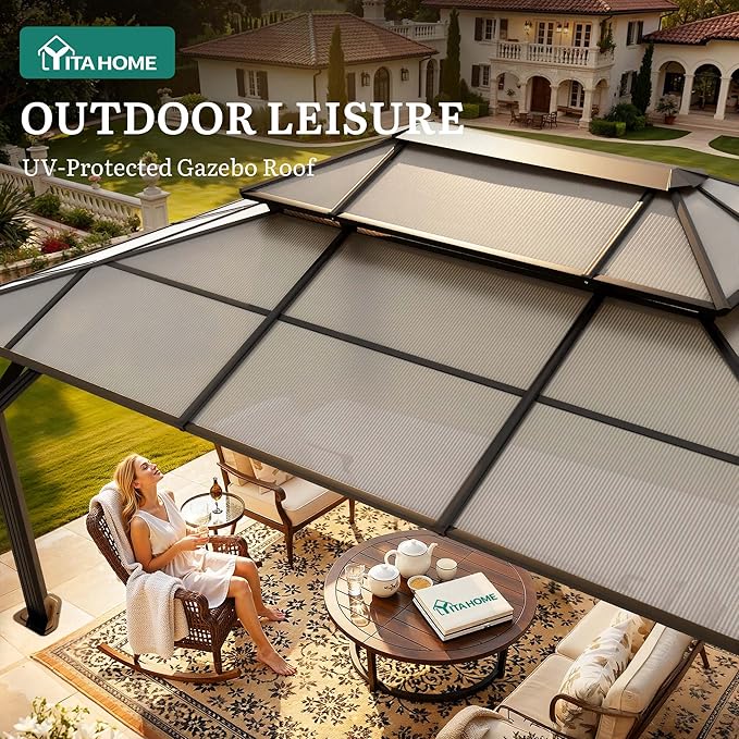 YITAHOME 12x16FT Polycarbonate Gazebo Double Roof Canopy Outdoor with Netting and Shaded Curtains, Aluminum Frame Polycarbonate Hardtop Garden Tent for Patio, Backyard, Deck and Lawns, Brown