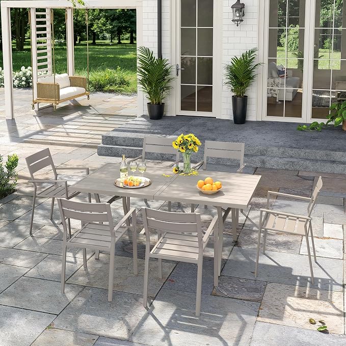 VICLLAX Patio 7 Pieces Outdoor Dining Set for 6, 63" Outdoor Rectangular Metal Dining Table with Umbrella Hole, 6 Stackable Chairs for Lawn, Garden, Porch, Sandshell