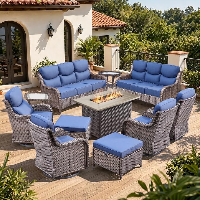 Luxury 6" Thick Cushion 11 Pieces Wicker Patio Furniture Set with 41”Fire Table, Outdoor Conversation Set with Swivel Rocker Chairs Set of 4 and Patio Couch for Deck Porch Yard and Poolside