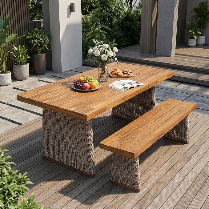 Merax 2-Piece Outdoor Dining Set Acacia Wood, 1 Table + 1 Bench, Slatted Design Tabletop & Woven Rattan Legs, Weather-Resistant Rectangle Patio Dining Set, Brown