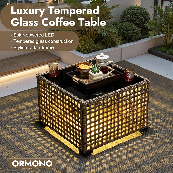 6 Pieces Patio Furniture Set with 42" Fire Pit, All-Weather Rattan Outdoor Sectional Conversation Sets L Shaped Sofas with Solar Light Coffee Table for Porch Balcony Backyard Navy Blue