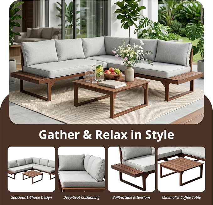 Outvita 4 Piece Wood Patio Furniture, L-Shaped Outdoor Sectional Sofa Set with Coffee Table, Conversation Set with Built-in Side Table, Coffee Table and Gray Cushions for Garden